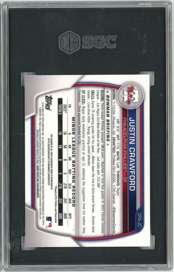 Graded 2023 Bowman Justin Crawford CPAJC /250 Auto Purple Refractor RC SGC 10