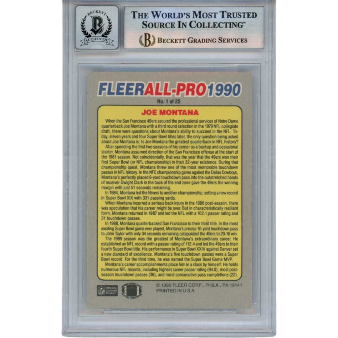 Joe Montana Autographed 1990 Fleer All-Pro #1 Slab Trading Card Beckett 49918