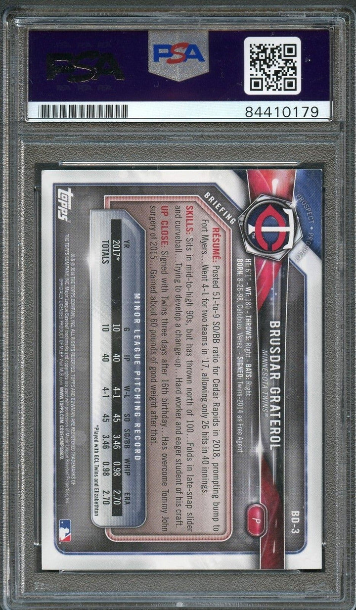 2018 Bowman Draft #BD-3 Brusdar Graterol Signed Card PSA Auto Grade 10 Slabbed A