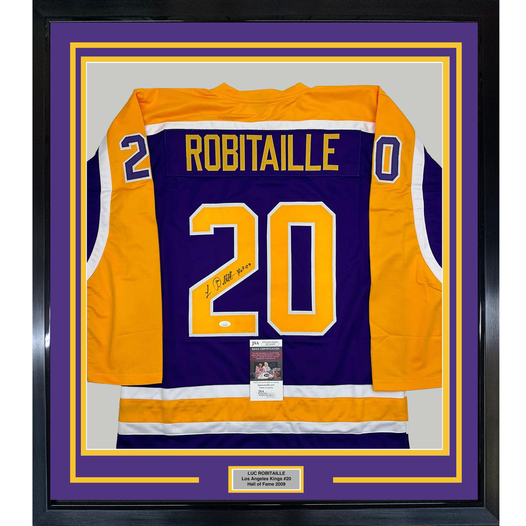 Framed Autographed/Signed Luc Robitaille HOF 09 35x39 LA Purple Jersey JSA COA