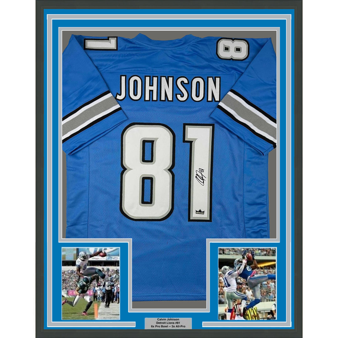 Framed Facsimile Autographed Calvin Johnson 35x39 Detroit Blue Reprint Jersey