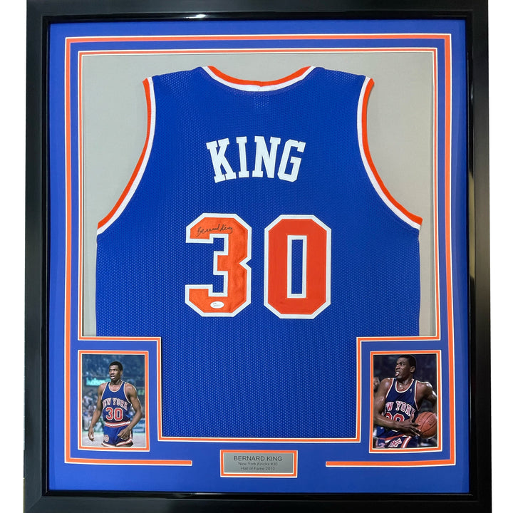 FRAMED Autographed/Signed BERNARD KING 33x42 New York Blue Jersey Beckett COA