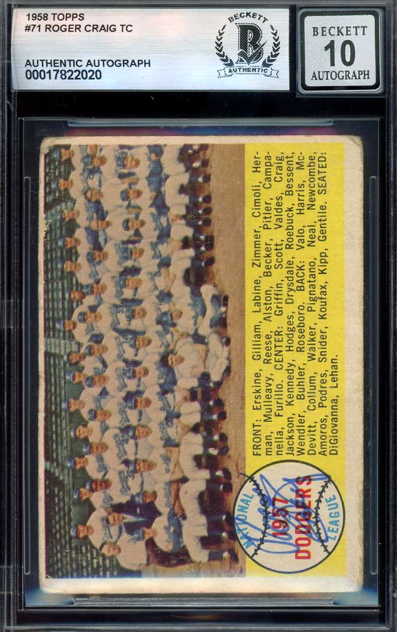 Roger Craig Gem Mint 10 Beckett BAS Signed 1958 Topps Team Dodgers Autograph