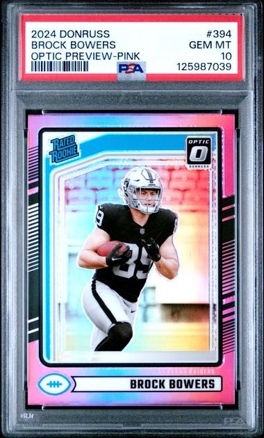 Graded 2024 Donruss Brock Bowers #394 Optic Preview Pink RC Card PSA 10