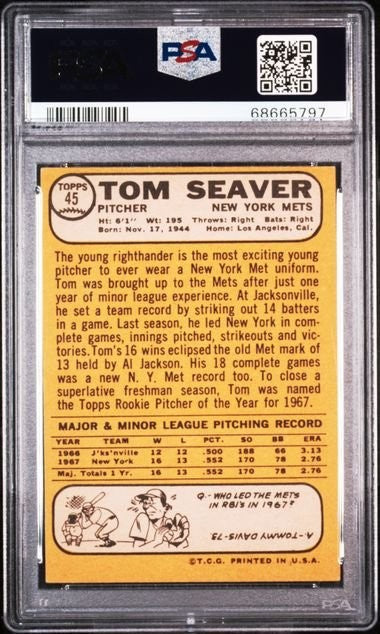 Graded 1968 Topps Tom Seaver #45 All Star Rookie Baseball Card PSA 5 EX