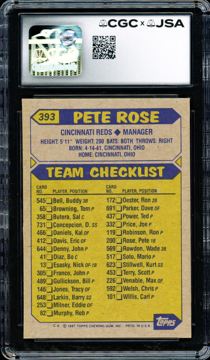 Pete Rose Signed 1987 Topps Card #393 Cincinnati Reds CGC x JSA