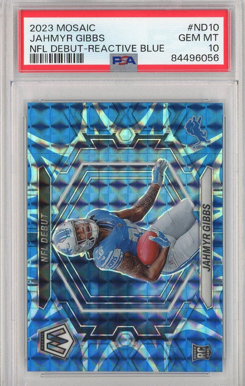 Graded 2023 Mosaic Jahmyr Gibbs #ND10 Reactive Blue RC Football Card PSA 10