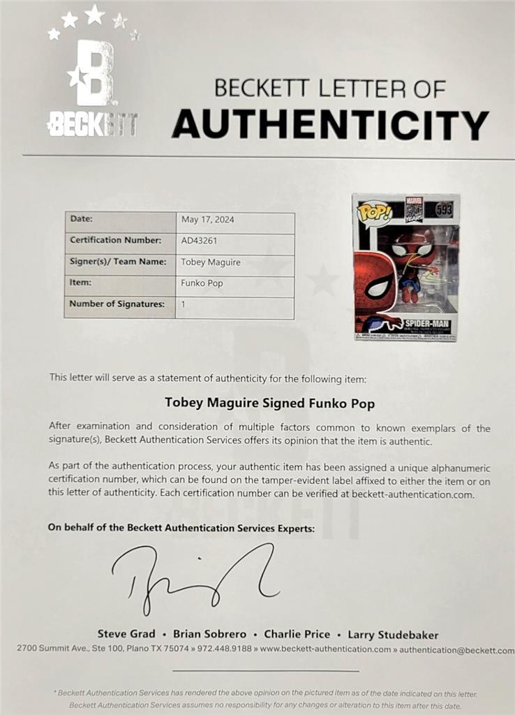 Tobey Maguire signed Spider-Man Marvel 80 Years Funko Pop autograph Beckett BAS