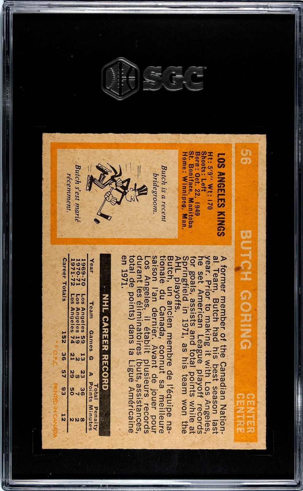 Butch Goring 1972-73 O-Pee-Chee NHL Card #56-SGC Graded 8 NM-MT (LA Kings)