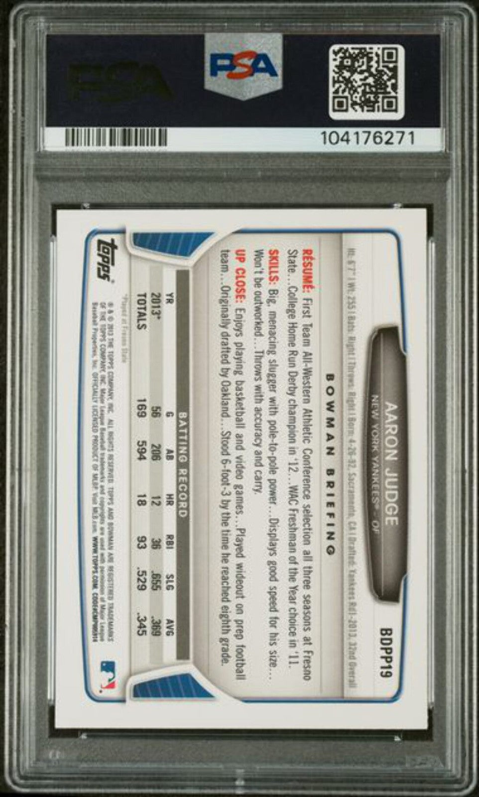 Graded 2013 Topps Bowman Draft Picks & Prospects Aaron Judge #MVP RC PSA 9