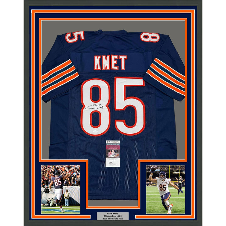 Framed Autographed/Signed Cole Kmet 35x39 Chicago Blue Jersey JSA COA