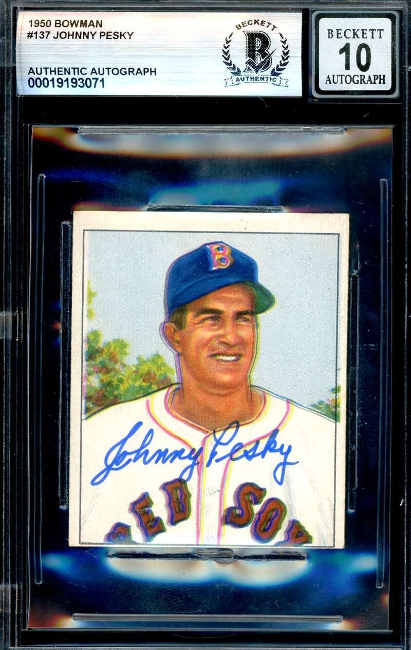 Johnny Pesky Gem Mint 10 Beckett BAS Signed 1950 Bowman Autograph