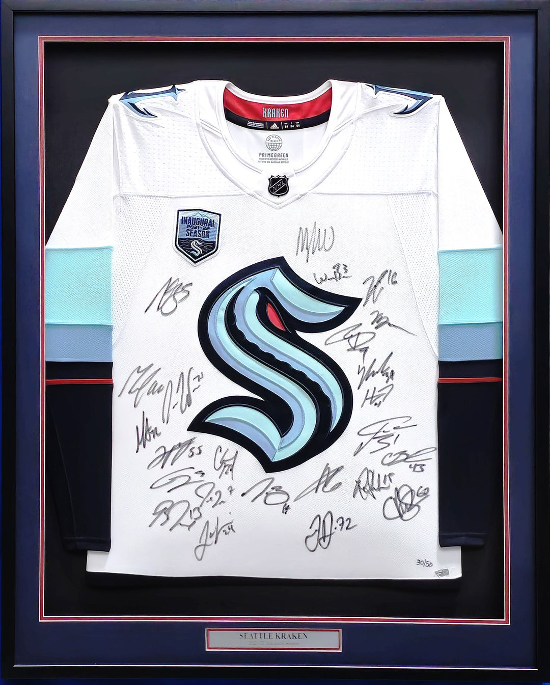 Kraken 2021-22 Inaugural Signed Framed White Adidas Jersey 24 Sigs Fanatics Holo