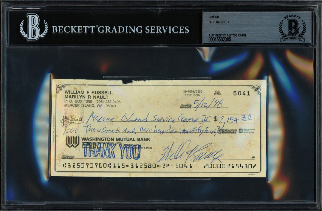 Bill Russell Autographed Signed 3x6 Check Boston Celtics Beckett BAS #15502385