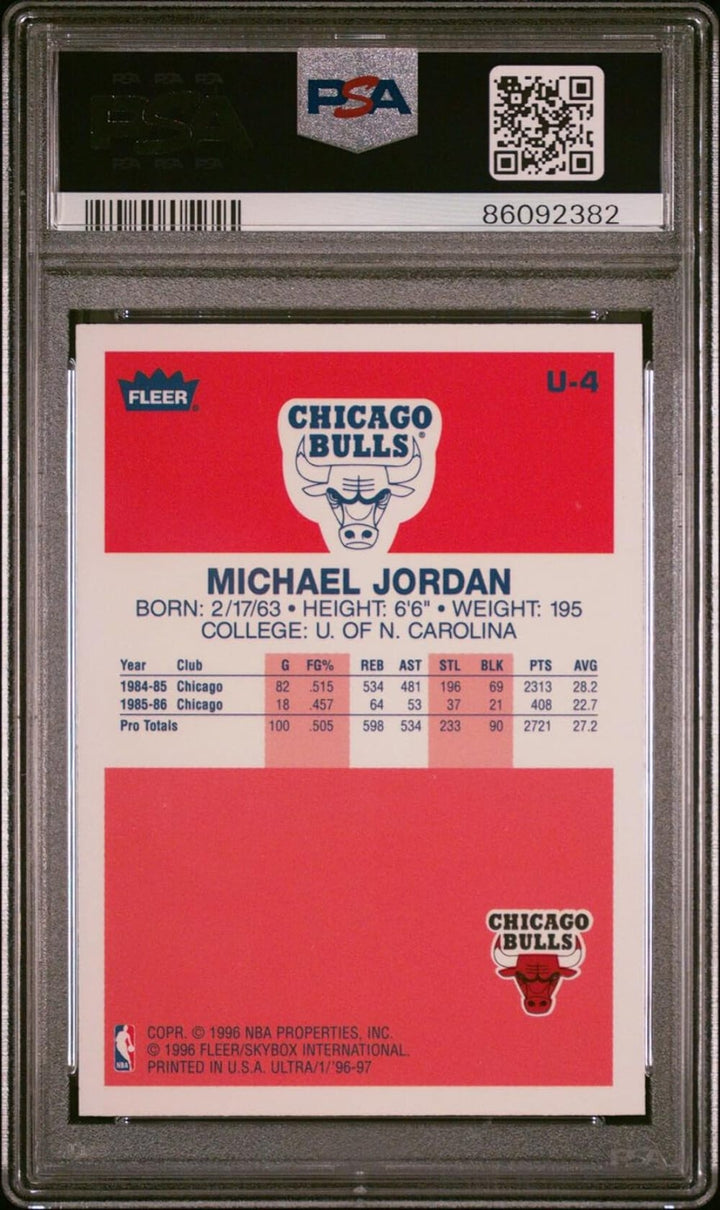 Graded 1996 Ultra Michael Jordan #U4 DOE Rookie Reprint Basketball Card PSA 10
