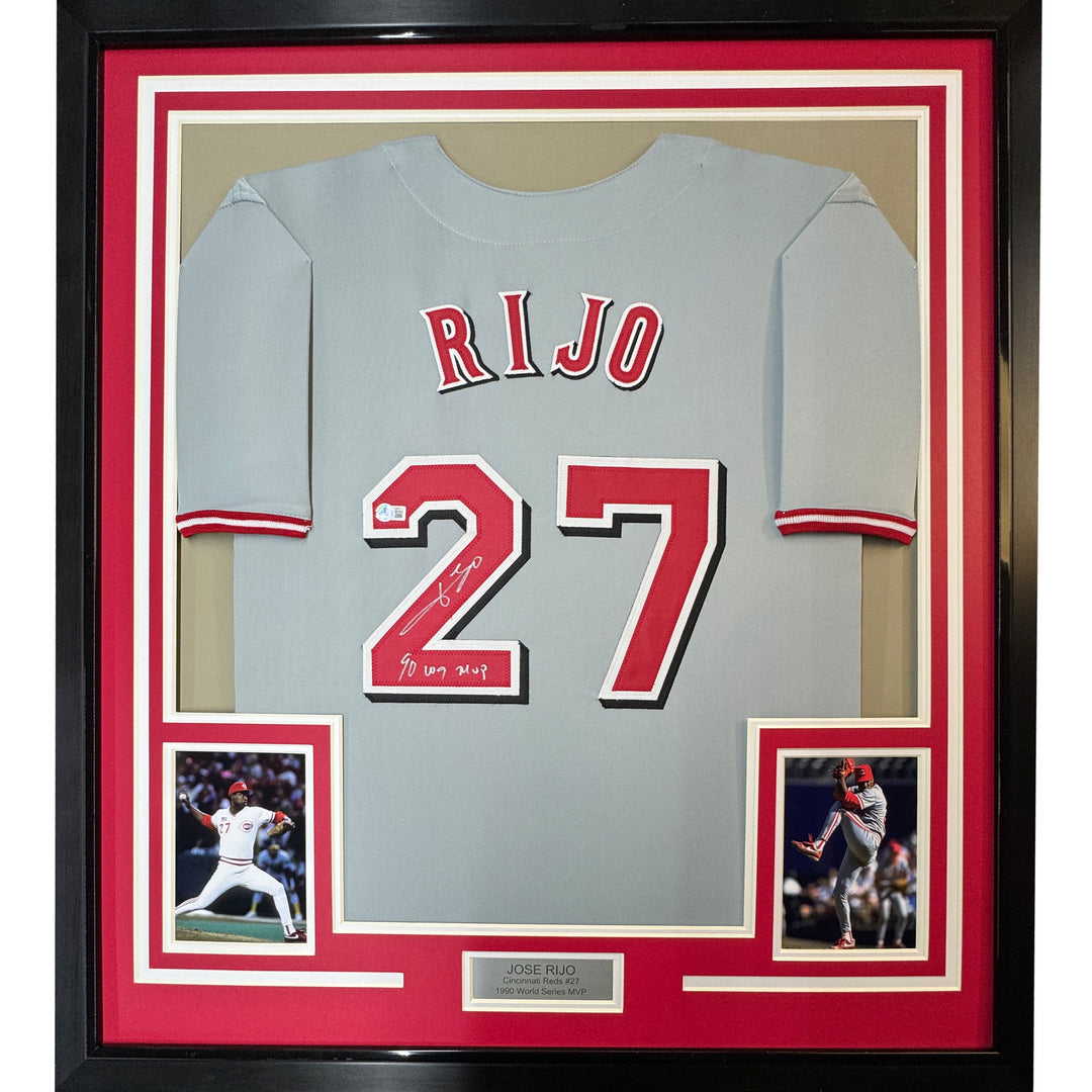 Framed Autographed/Signed Jose Rijo 35x39 Cincinnati Grey Jersey Beckett BAS COA
