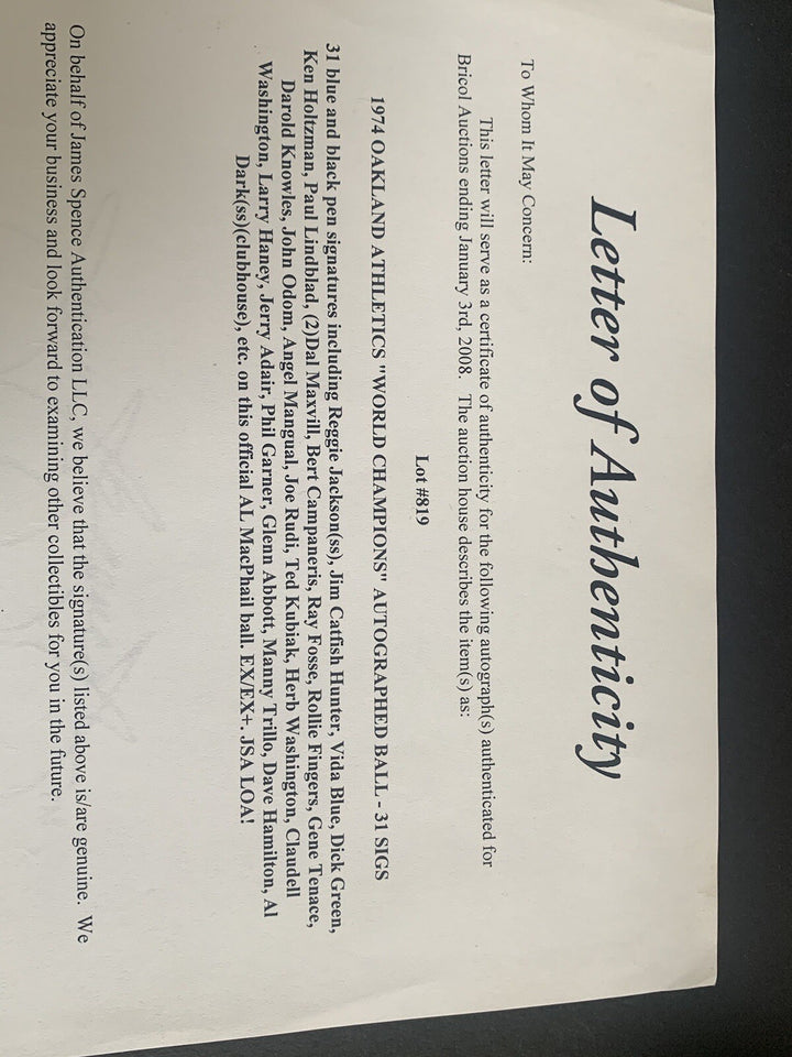 1974 Oakland A's WS Team Signed Baseball 31 Auto Reggie Jackson Jim Hunter Jsa