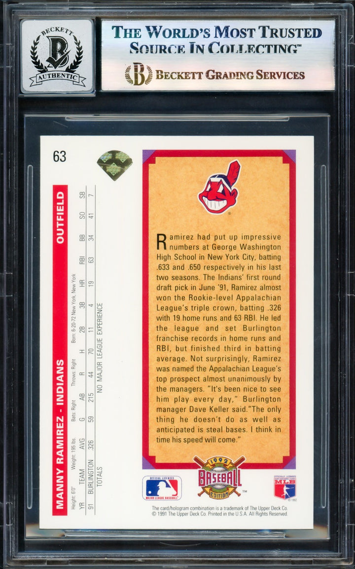 Manny Ramirez Signed 1992 Upper Deck RC 63 Cleveland Indians Auto GM 10 Beckett