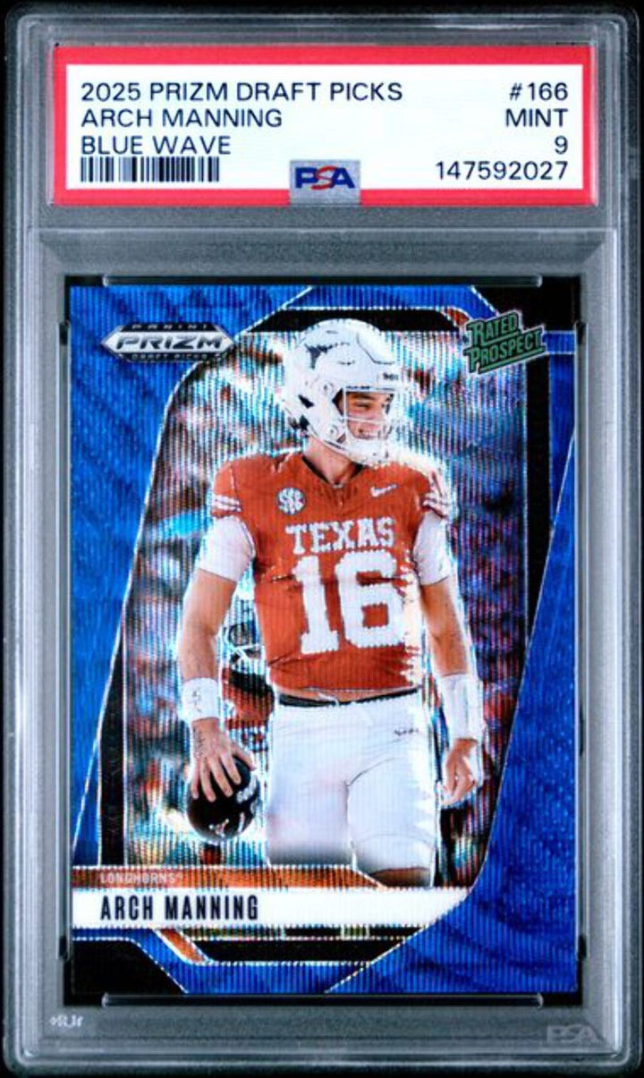 Graded 2025 Panini Prizm DP Arch Manning #166 /299 Blue Wave Rookie Card PSA 9