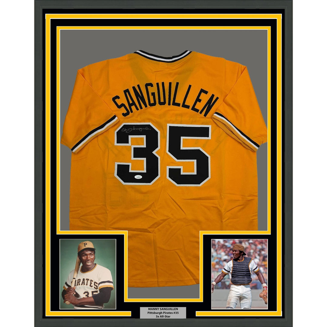 Framed Autographed/Signed Manny Sanguillen 35x39 Pittsburgh Jersey JSA COA