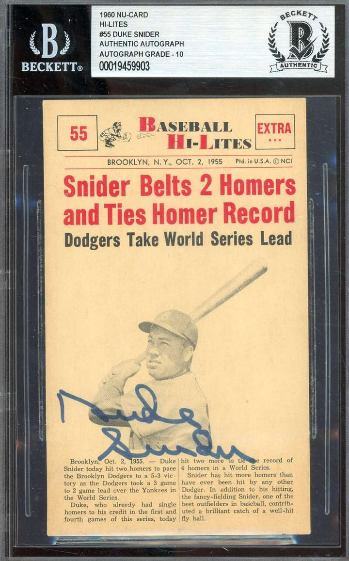 Duke Snider Gem Mint 10 Beckett BAS Signed 1960 Nu-Card Hi-Lites Autograph