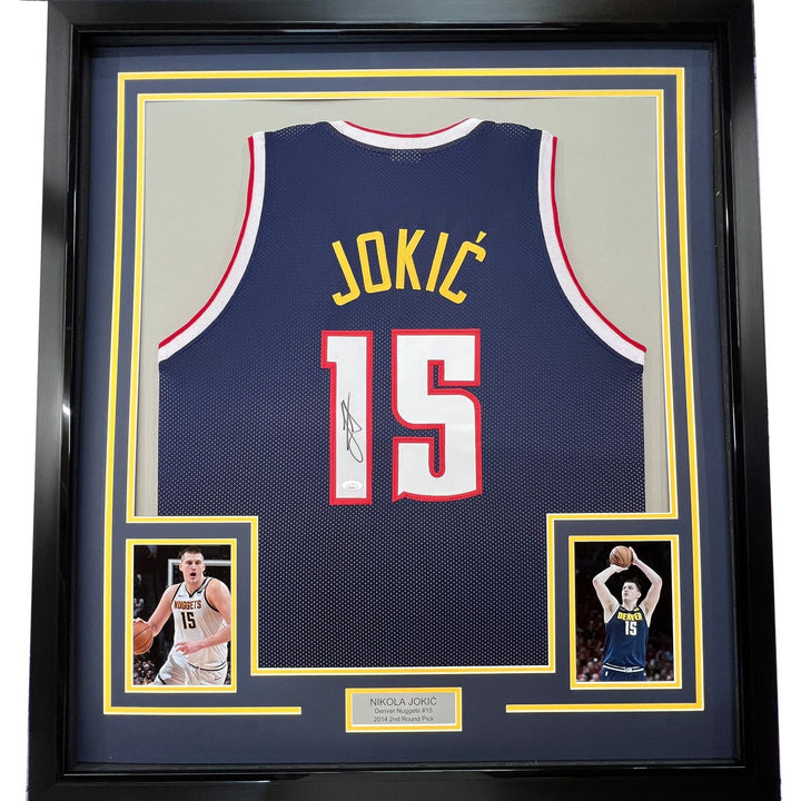 Framed Signed Nikola Jokic 35x39 Denver Dark Blue Jersey JSA COA