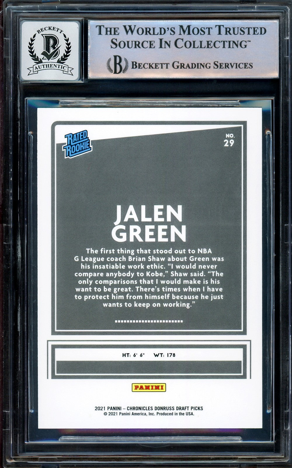 Jalen Green Signed 2021-22 Donruss Rated RC 29 Rockets Auto GM 10 Beckett