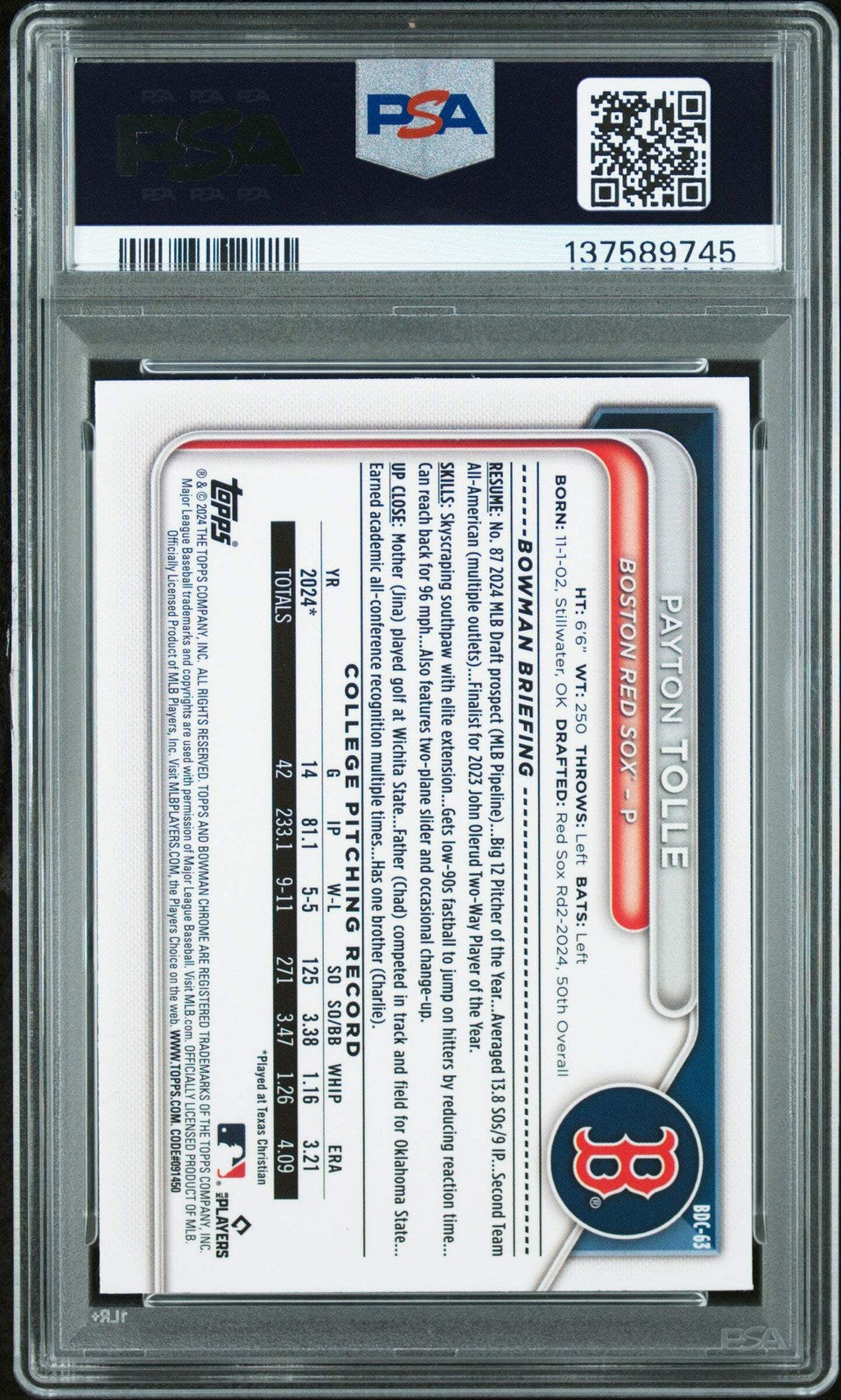 Graded 2024 Topps Bowman Draft Payton Tolle #BDC-63 Chrome Rookie RC Card PSA 9