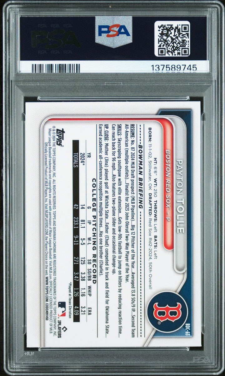 Graded 2024 Topps Bowman Draft Payton Tolle #BDC-63 Chrome Rookie RC Card PSA 9