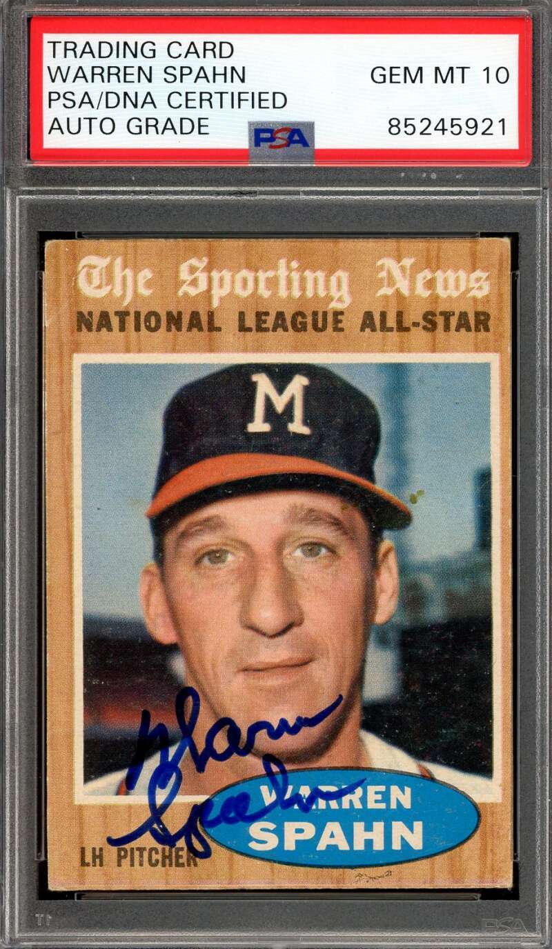 Warren Spahn Gem Mint 10 PSA DNA Signed 1962 Topps All Star Autograph