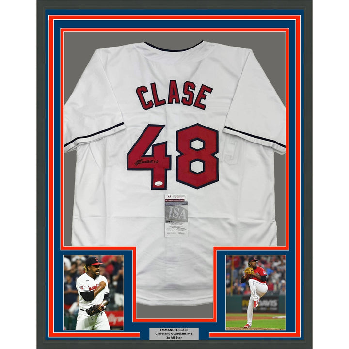 Framed Signed Emmanuel Clase 35x39 Cleveland White Jersey JSA COA