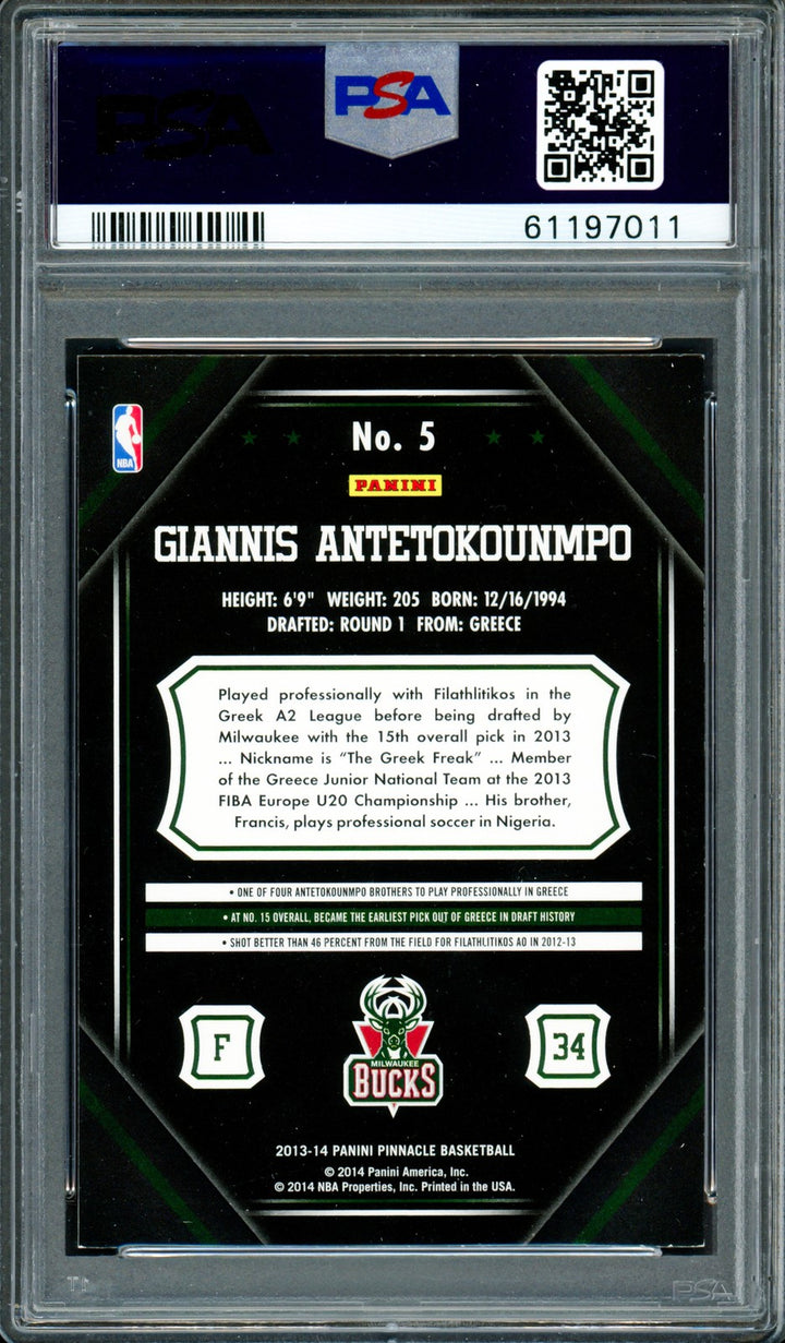 Giannis Antetokounmpo Signed 2013 Panini Pinnacle RC 5 Bucks Auto GM 10 PSA/DNA