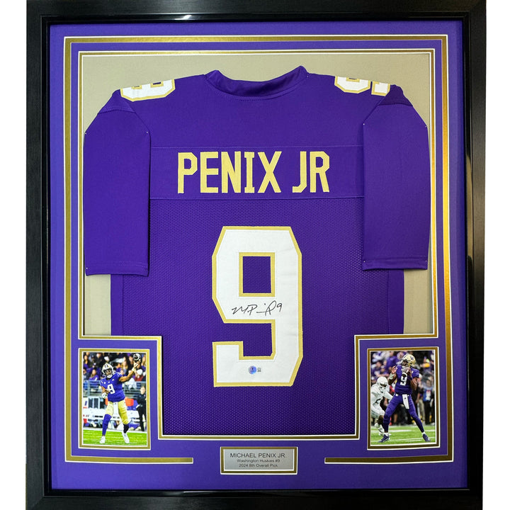 Framed Autographed/Signed Michael Penix Jr. 35x39 Huskies Purple Jersey BAS COA