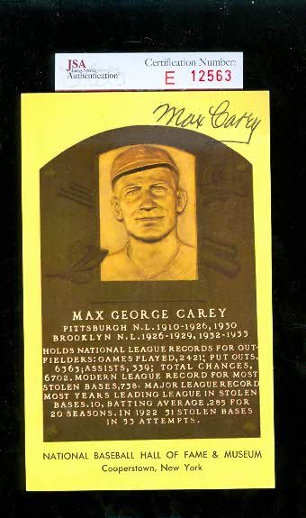 Max Carey Signed Gold Hof Postcard Jsa Cert Autograph