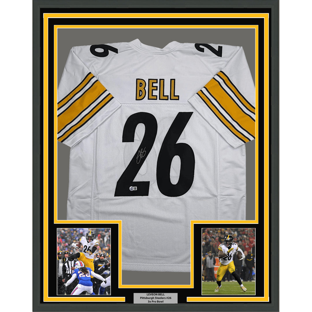 Framed Autographed Le'Veon LeVeon Bell 35x39 Pittsburgh White Jersey BAS COA
