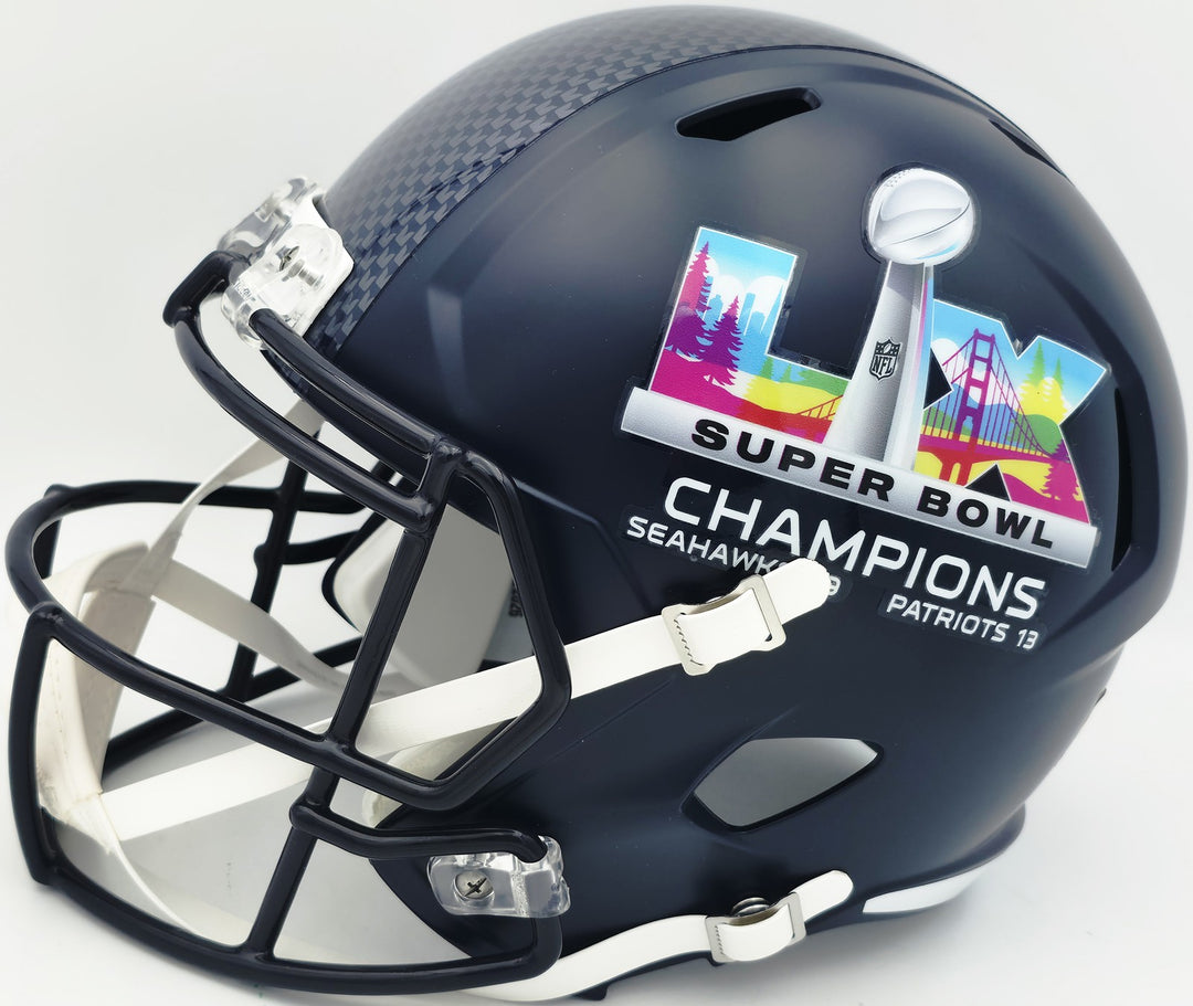 Uchenna Nwosu Signed Seahawks Blue Full Size SB LX Champions Logo Speed Replica