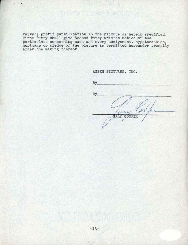 Gary Cooper JSA Coa Signed Aspen Pictures Contract Autograph