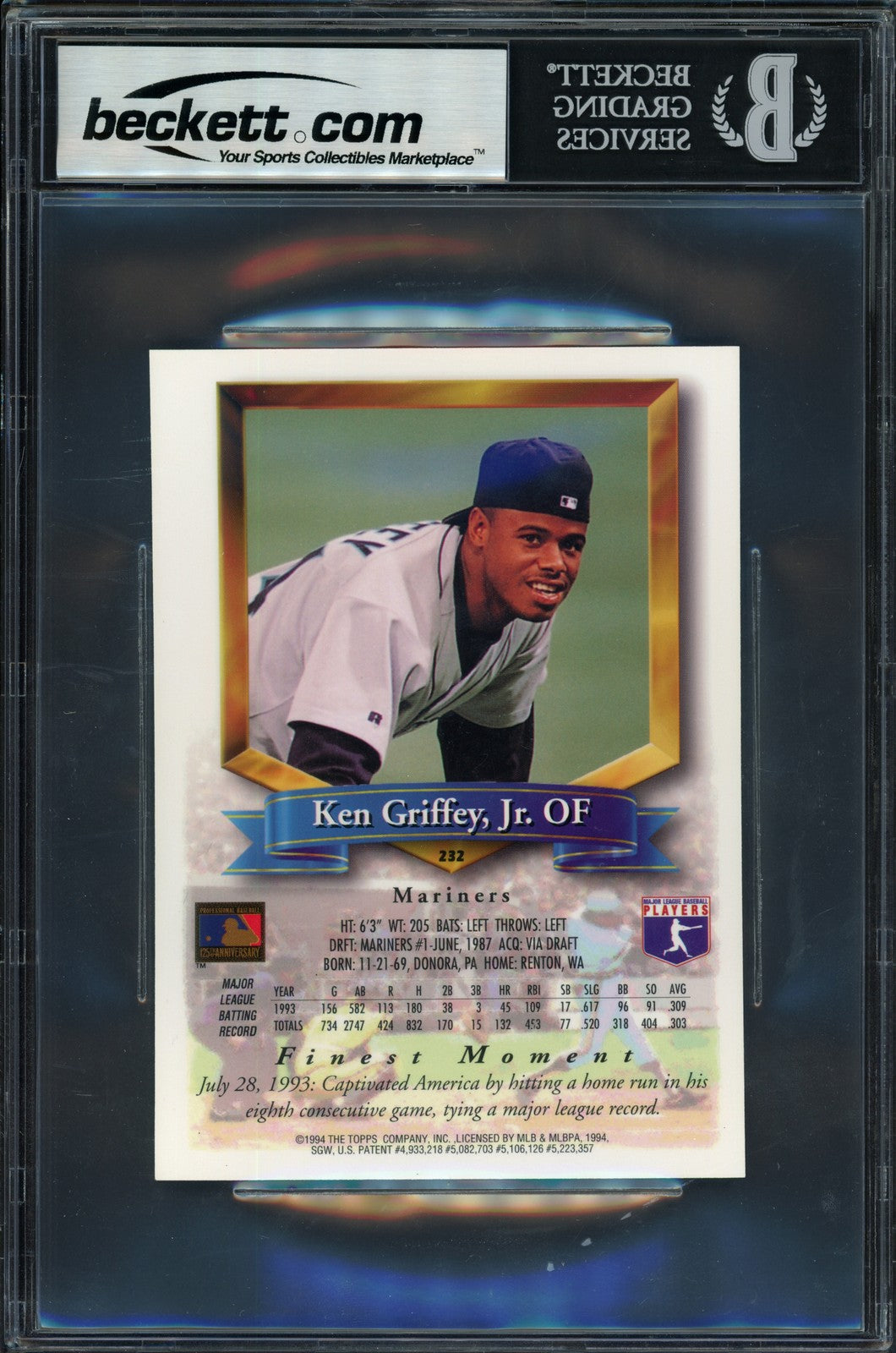 Ken Griffey Jr. Signed 1994 Topps Finest Jumbo Card #232 Mariners Auto 10