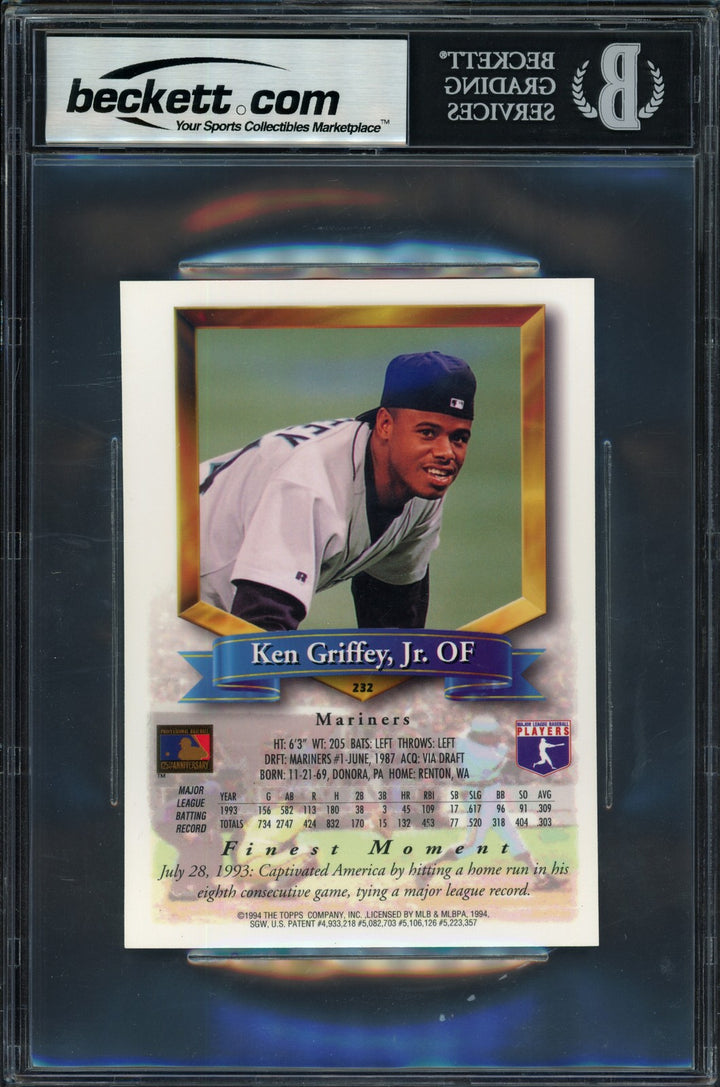 Ken Griffey Jr. Signed 1994 Topps Finest Jumbo Card #232 Mariners Auto 10