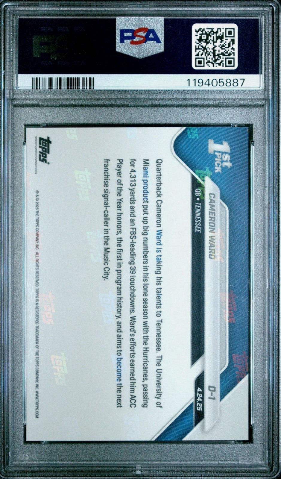 Graded 2025 Topps Now Cam Ward #D1 Rookie RC Football Card PSA 10 Gem Mint