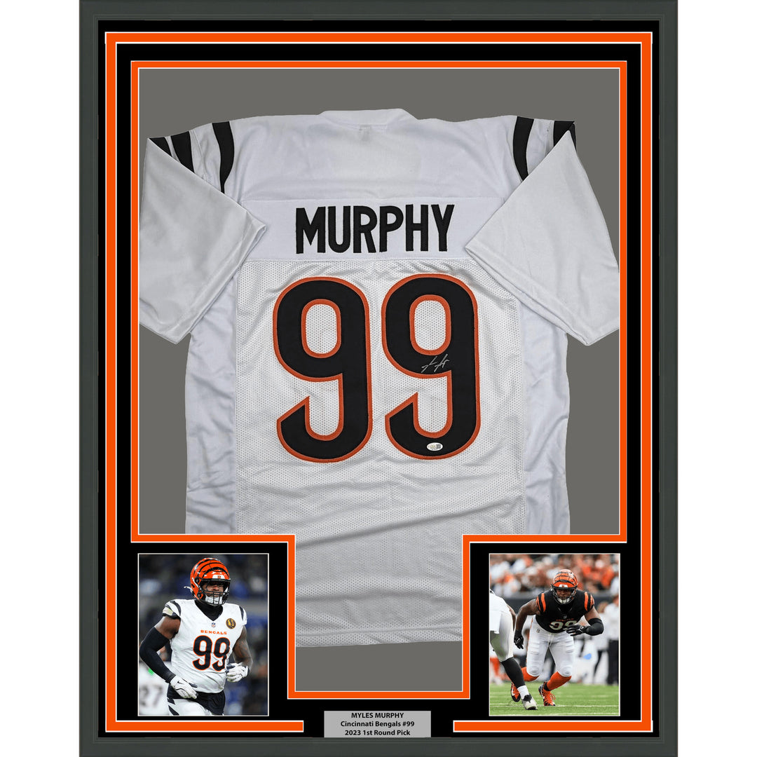 Framed Autographed Myles Murphy 35x39 Cincinnati White Football Jersey JSA COA