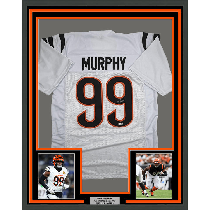 Framed Autographed Myles Murphy 35x39 Cincinnati White Football Jersey JSA COA