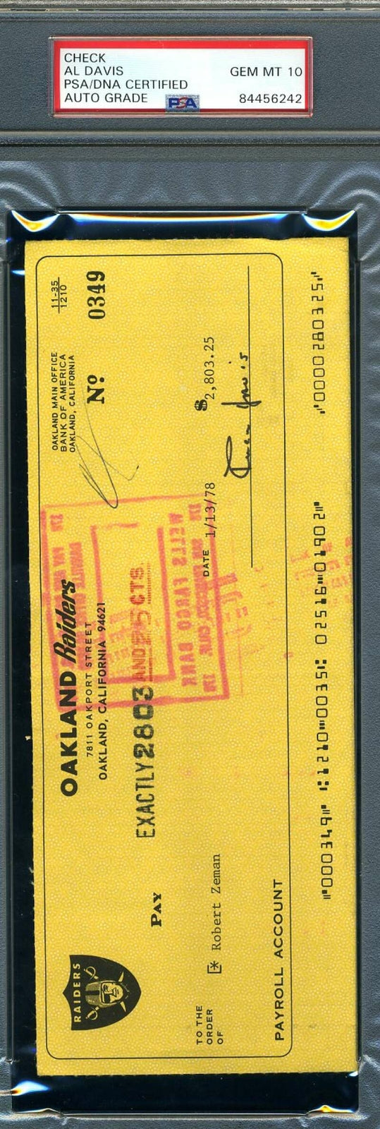 Al Davis Gem Mint 10 PSA DNA Coa Signed 1978 Raiders Check Autograph