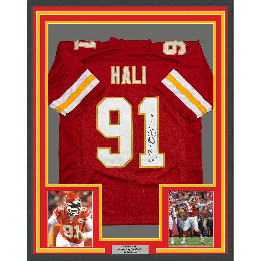 Framed Autographed/Signed Tamba Hali 35x39 Kansas City Red Jersey BAS COA
