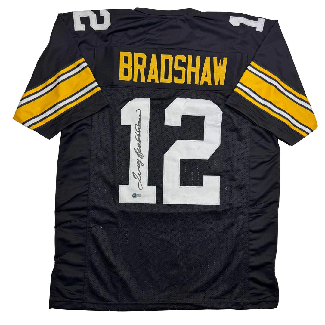Autographed/Signed Terry Bradshaw Pittsburgh Black Football Jersey Beckett COA