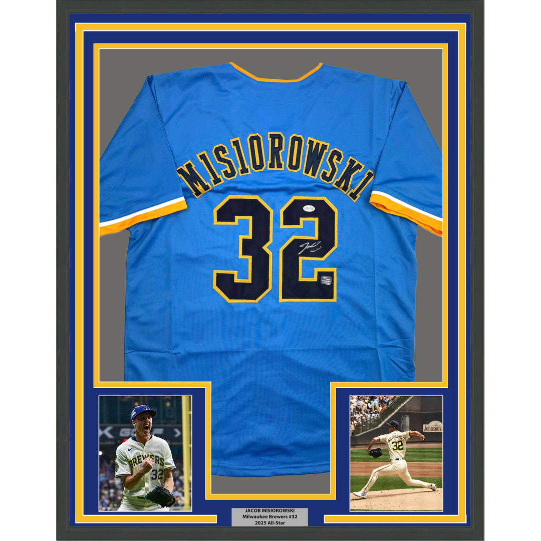 Framed Autographed/Signed Jacob Misiorowski 35x39 Milwaukee Blue Jersey JSA COA
