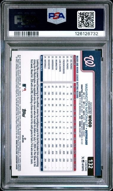 Graded 2025 Topps Chrome James Wood #132 Purple /250 RC Baseball Card PSA 10