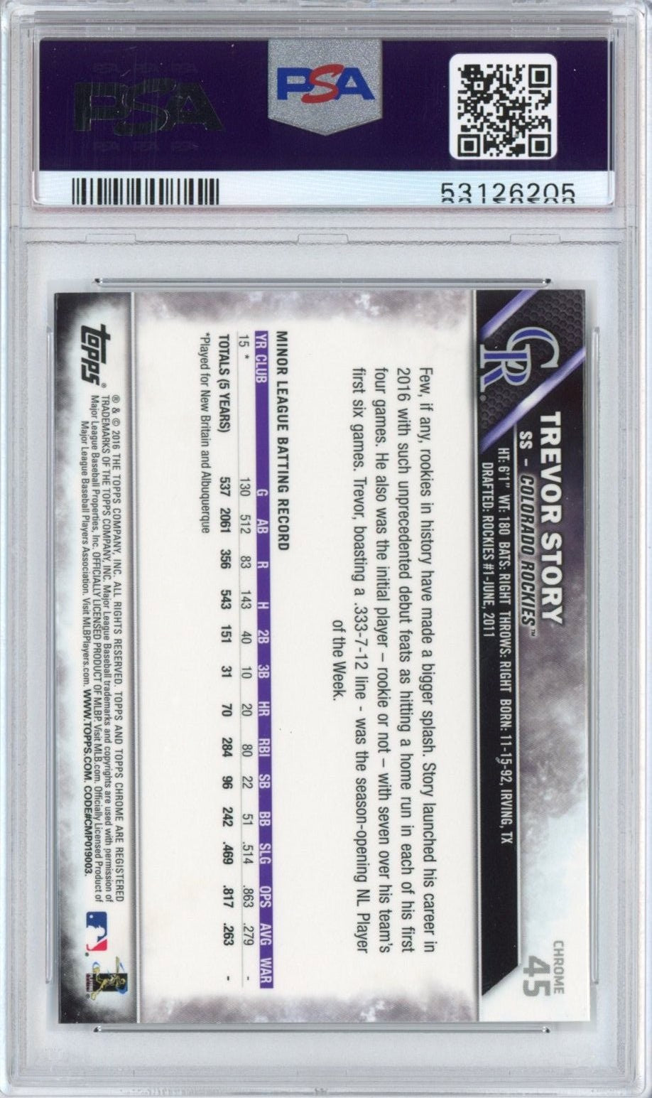 Graded 2016 Topps Chrome Trevor Story #45 Rookie RC Card PSA 10 Mint