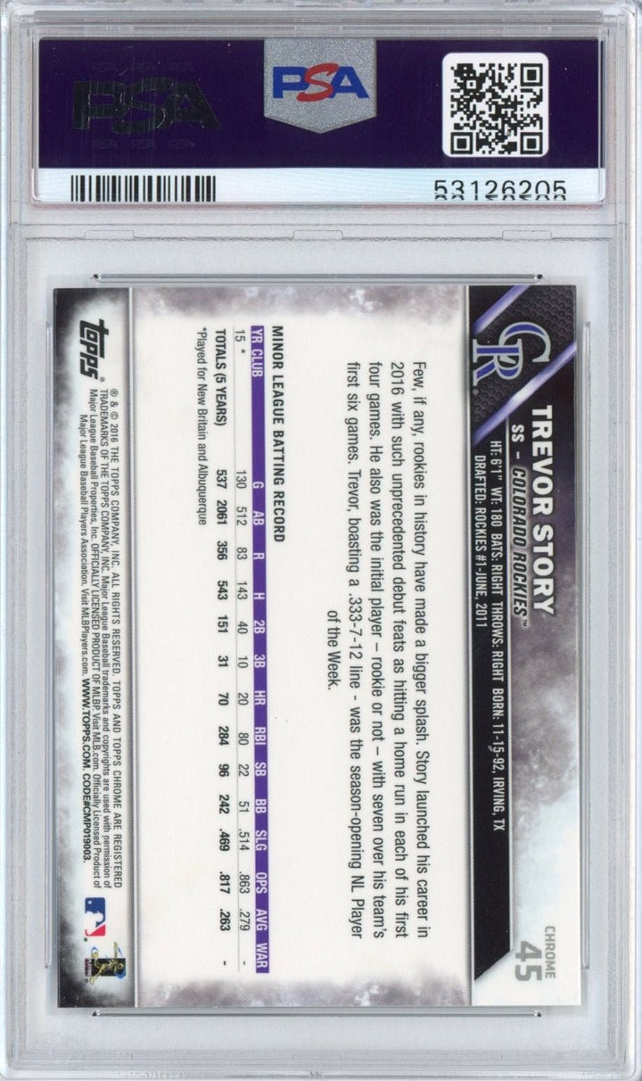 Graded 2016 Topps Chrome Trevor Story #45 Rookie RC Card PSA 10 Mint
