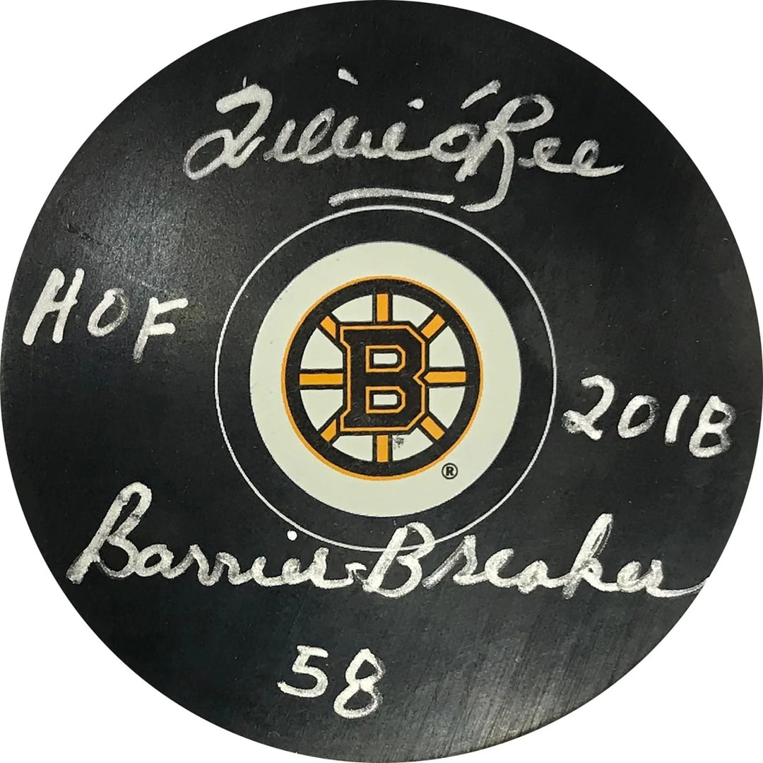 Willie O'Ree "HOF 2018, Barrier Breaker 58" Autographed Boston Bruins Puck (PSA)